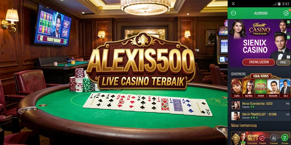 Screenshot utama ALEXIS500 menampilkan dealer langsung dan meja permainan yang menarik.