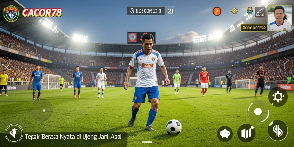 Screenshot utama CACOR78 menampilkan aksi permainan sepak bola yang dinamis.
