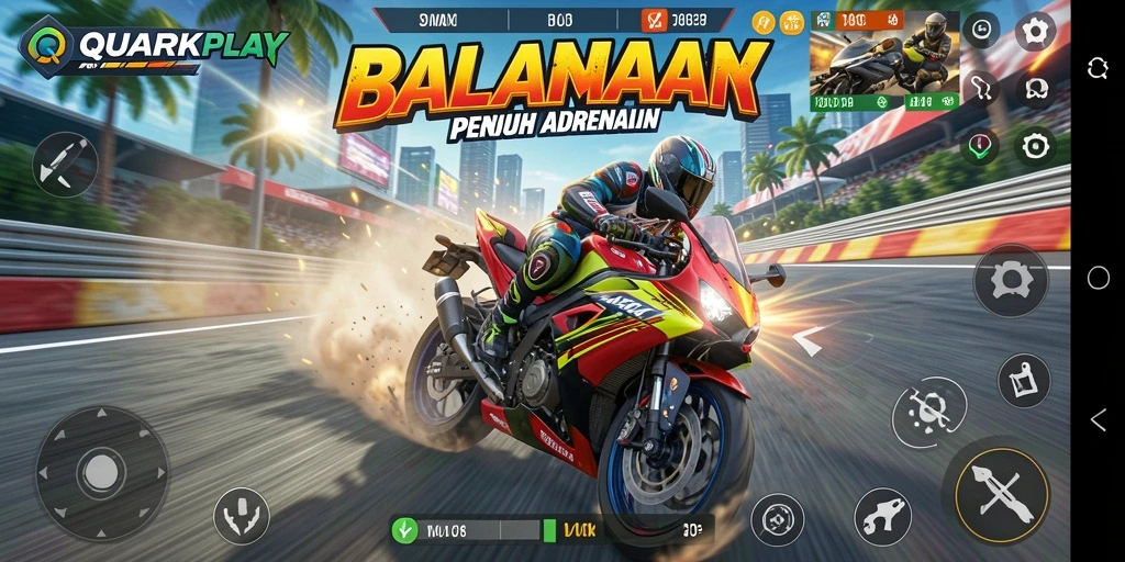 Tampilan gameplay seru QUARKPLAY dengan balapan motor yang memukau.
