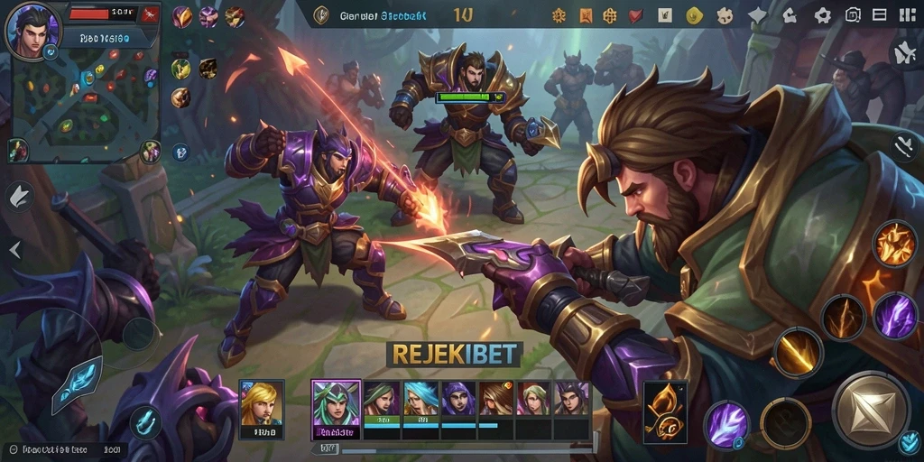 Tampilan gameplay seru REJEKIBET dengan pertarungan tim yang strategis.