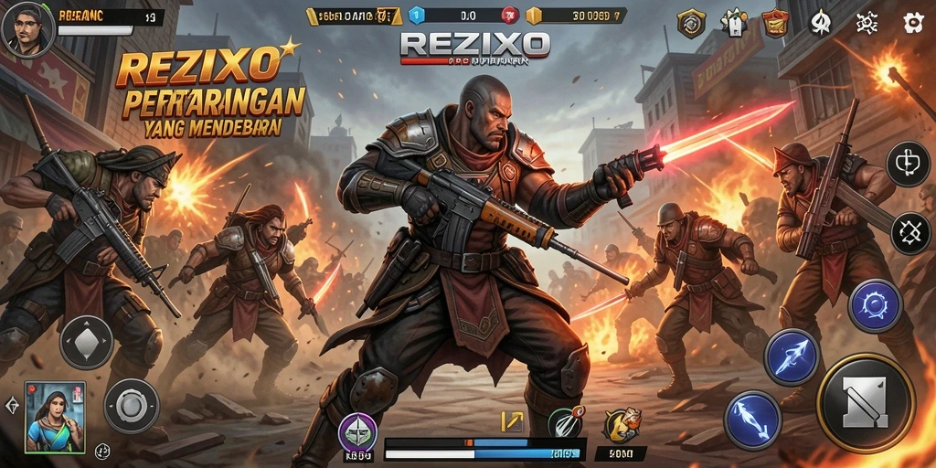 Tampilan gameplay mendebarkan dari REZIXO dalam pertarungan antar karakter.