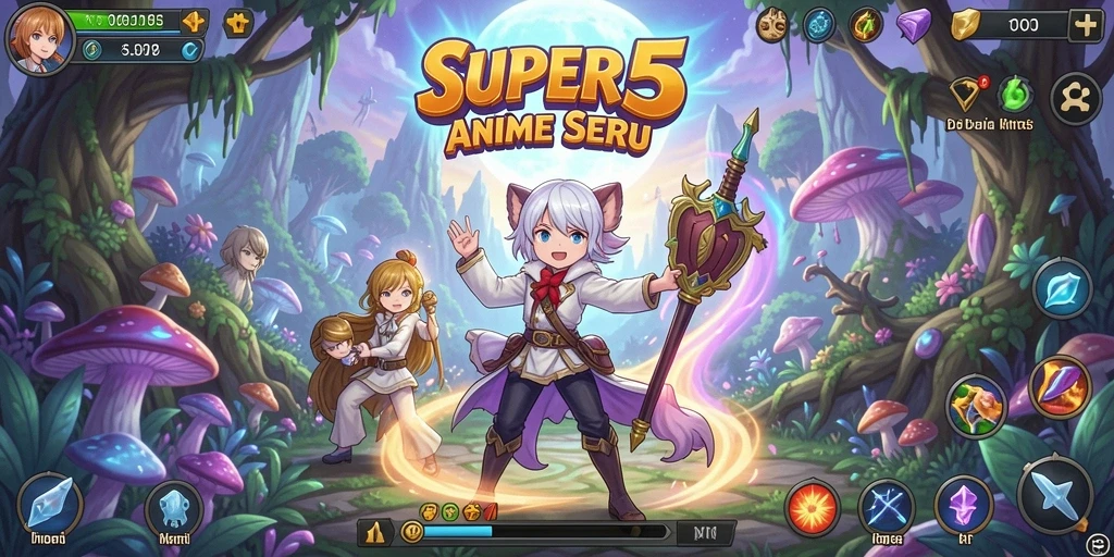 Tampilan gameplay <strong>SUPER5</strong> dengan karakter anime yang dinamis dan seru.