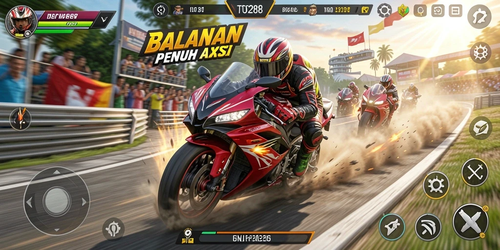 Tampilan gameplay TO288 menunjukkan balapan motor yang seru.