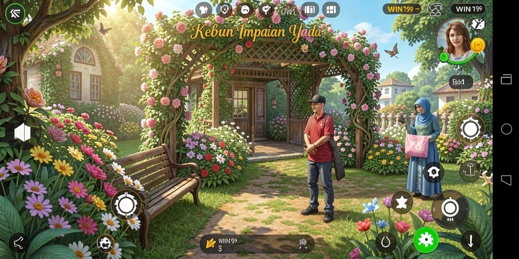 Tampilan gameplay WIN199 dengan kebun yang subur dan tanaman berwarna-warni.